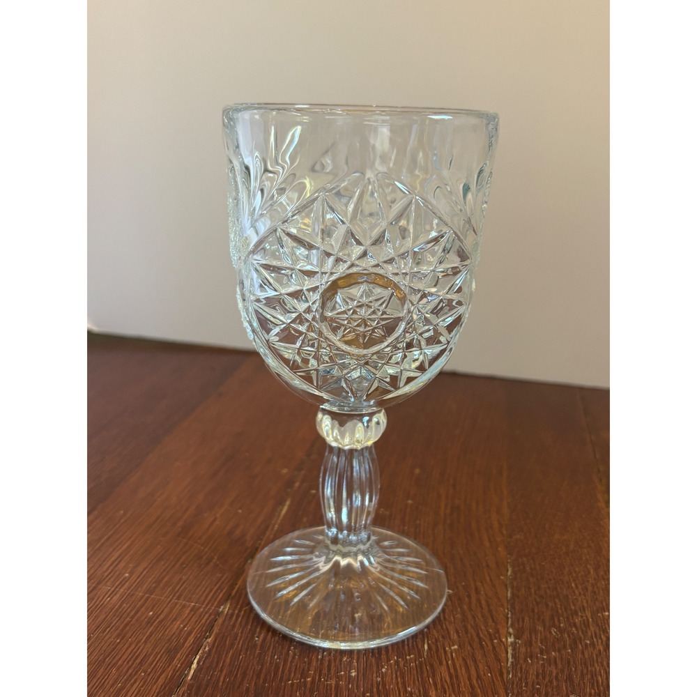 Vintage Clear Pressed Glass Wine Goblet Starburst Diamond Pattern 7 Inch